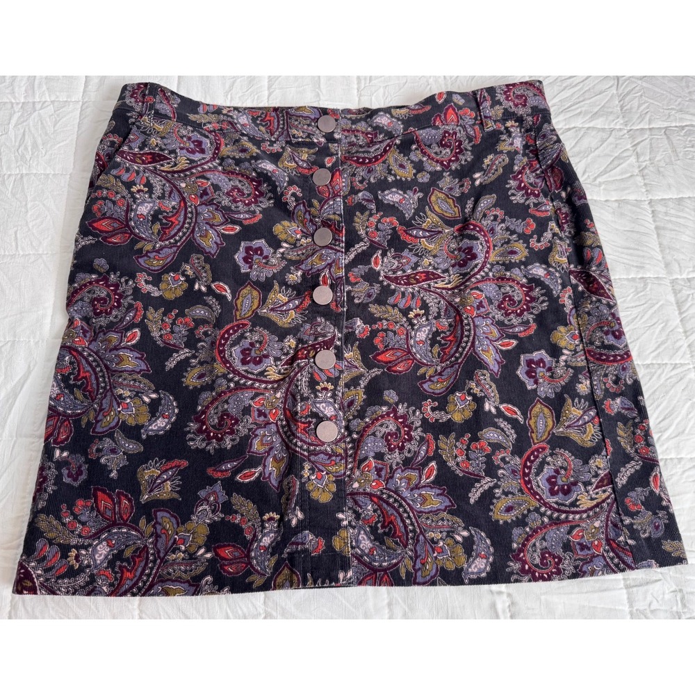 LOFT Purple Paisley Jacobean snap-front Corduroy A-line Skirt Size‎ 12